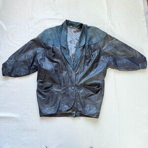 Vintage 80s leather coat blue trench size 38 button front oversized button front